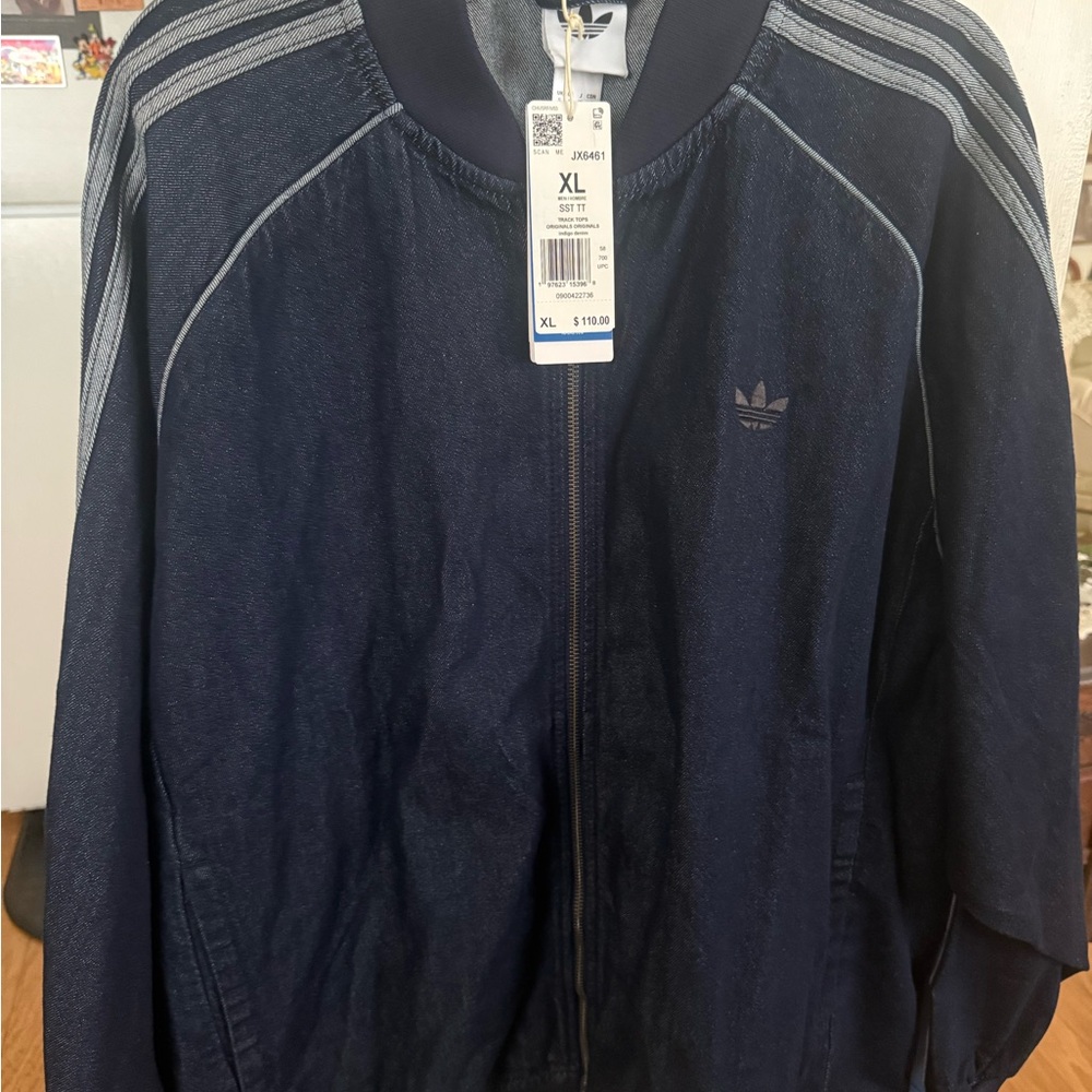 Adidas Men's Navy Bomber Jacket with Gray Stripes